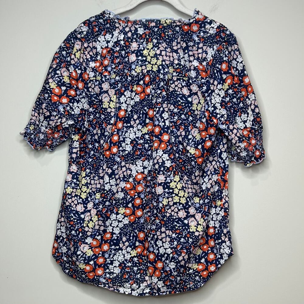 Talbots Floral Print Short Sleeve Blouse Size M Ruffle Trim Smocking - Picture 7 of 9